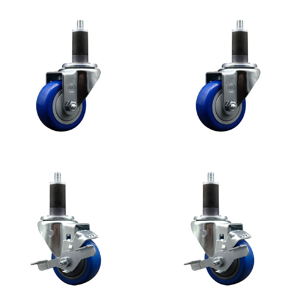 Stainless Steel Polyurethane Swivel Expanding Stem Caster Set of 4 with 3 Inch Blue Wheels and 1-1/4" Stems - Includes 2 with Top Locking Brakes - 1200 lbs Total Capacity - Service Caster Brand — photo 1