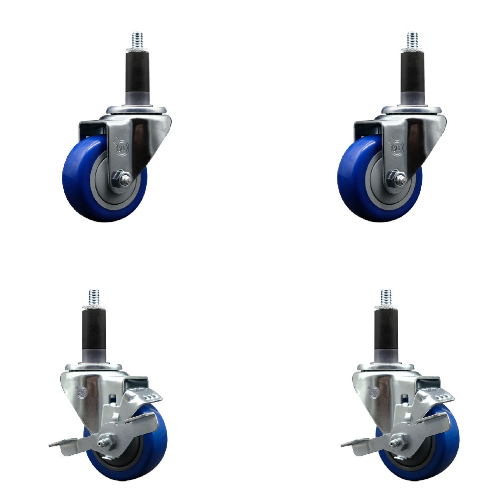 Stainless Steel Polyurethane Swivel Expanding Stem Caster Set of 4 with 3 Inch Blue Wheels and 1-1/8" Stems - Includes 2 with Top Locking Brakes - 1200 lbs Total Capacity - Service Caster Brand — photo 1