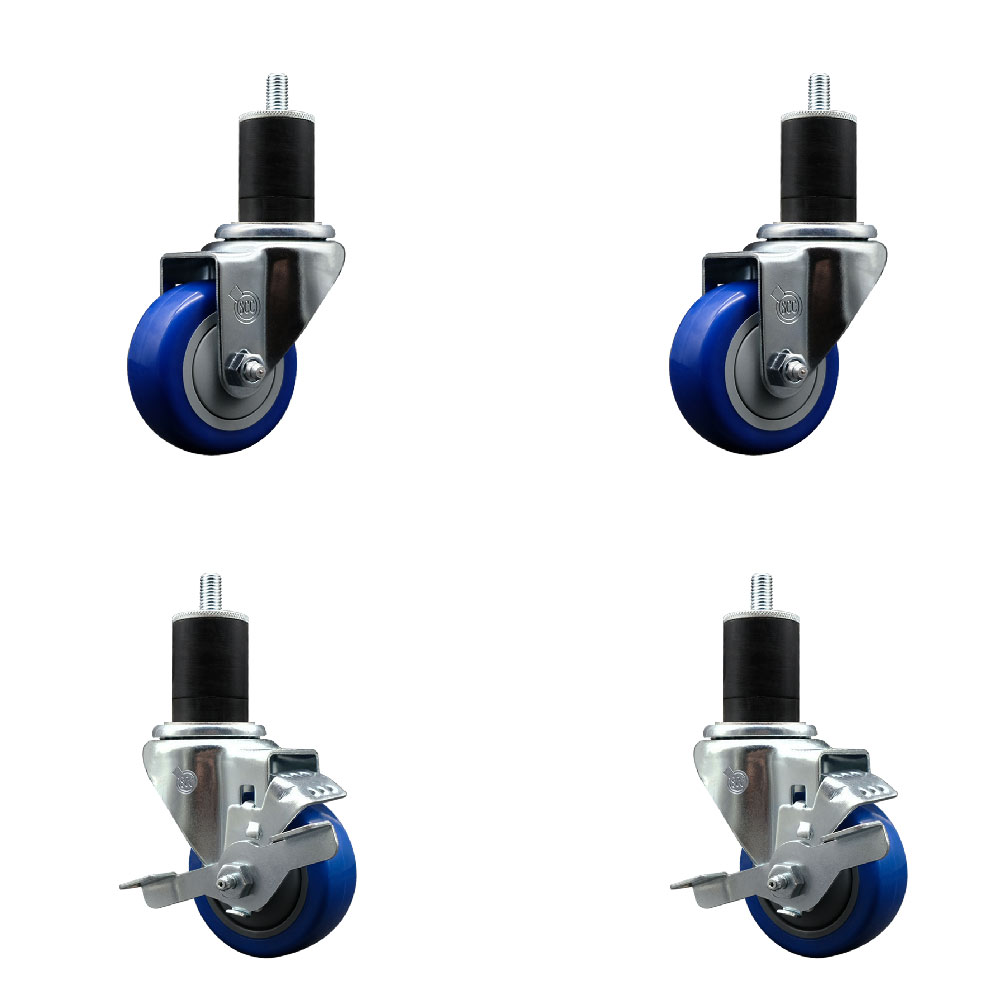 Stainless Steel Polyurethane Swivel Expanding Stem Caster Set of 4 with 3 Inch Blue Wheels and 1-3/4" Stems - Includes 2 with Top Locking Brakes - 1200 lbs Total Capacity - Service Caster Brand — photo 1