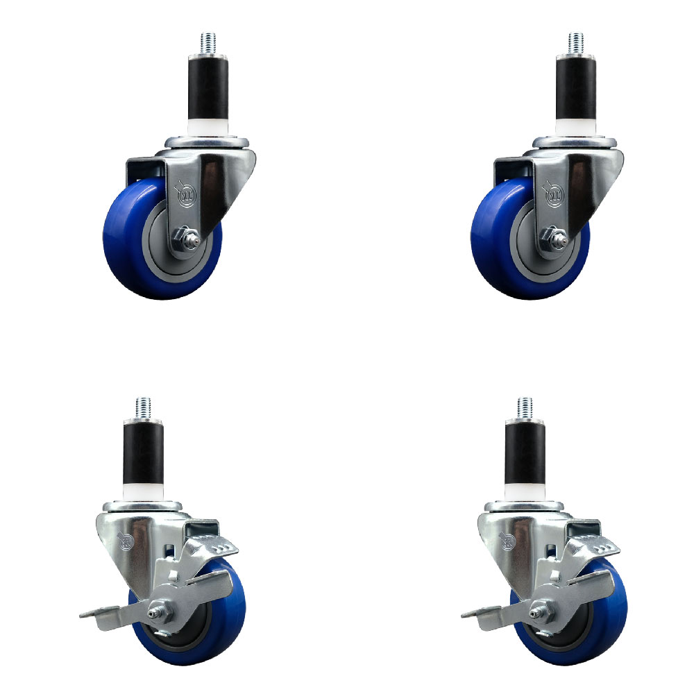 Stainless Steel Polyurethane Swivel Expanding Stem Caster Set of 4 with 3 Inch Blue Wheels and 1-3/8" Stems - Includes 2 with Top Locking Brakes - 1200 lbs Total Capacity - Service Caster Brand — photo 1