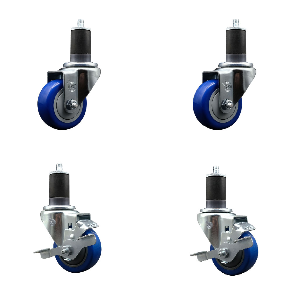 Stainless Steel Polyurethane Swivel Expanding Stem Caster Set of 4 with 3 Inch Blue Wheels and 1-5/8" Stems - Includes 2 with Top Locking Brakes - 1200 lbs Total Capacity - Service Caster Brand — photo 1