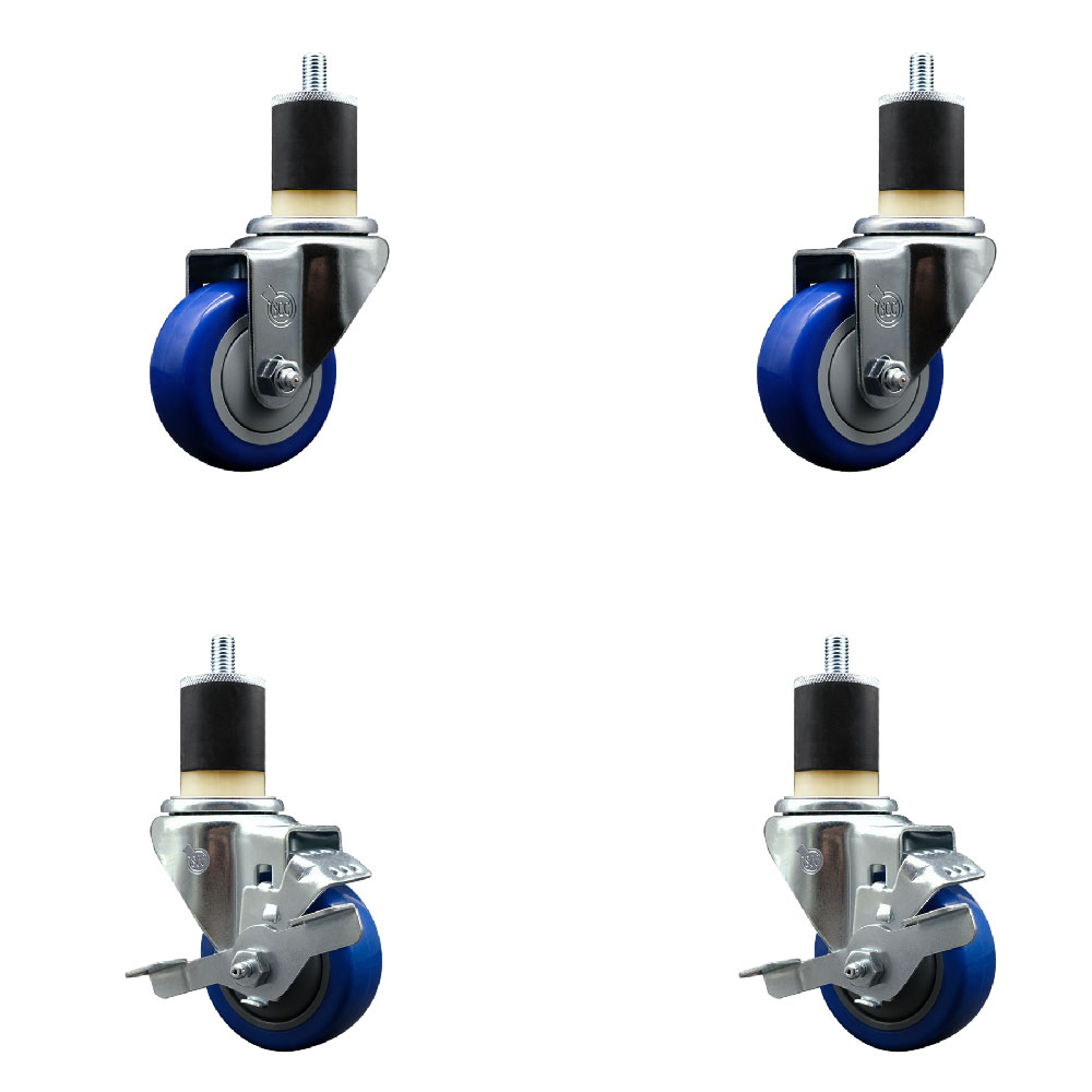 Stainless Steel Polyurethane Swivel Expanding Stem Caster Set of 4 with 3 Inch Blue Wheels and 1-7/8" Stems - Includes 2 with Top Locking Brakes - 1200 lbs Total Capacity - Service Caster Brand — photo 1