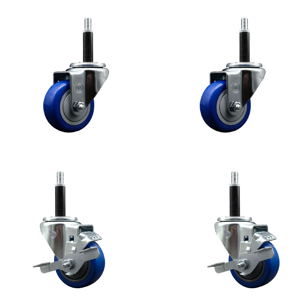 Stainless Steel Polyurethane Swivel Expanding Stem Caster Set of 4 with 3 Inch Blue Wheels and 3/4" Stems - Includes 2 with Top Locking Brakes - 1200 lbs Total Capacity - Service Caster Brand — photo 1