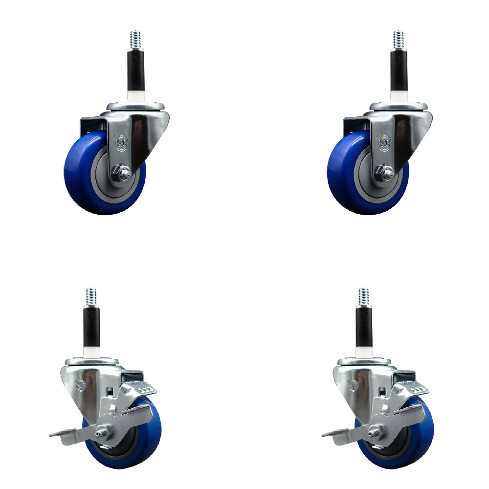 Polyurethane Swivel Expanding Stem Caster Set of 4 with 3 Inch Blue Wheels and 7/8" Stems - Includes 2 with Top Locking Brakes - 1200 lbs Total Capacity - Service Caster Brand — photo 1