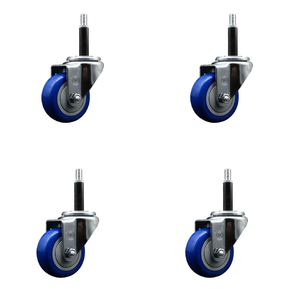 Stainless Steel Polyurethane Swivel Expanding Stem Caster Set of 4 with 3 Inch Blue Wheels and 3/4" Stems - Includes 4 Swivel - 300 lbs. Capacity Per Caster - Service Caster Brand — photo 1