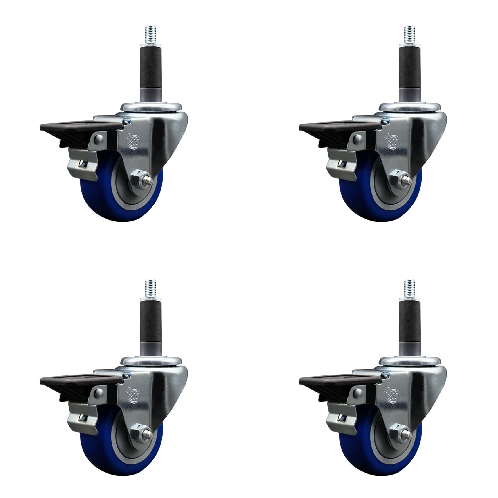 Polyurethane Swivel Expanding Stem Caster Set of 4 with 3 Inch Blue Wheels and 1" Stems - Includes 4 Swivel with Posi Locking Brakes - 300 lbs. Capacity Per Caster - Service Caster Brand — photo 1