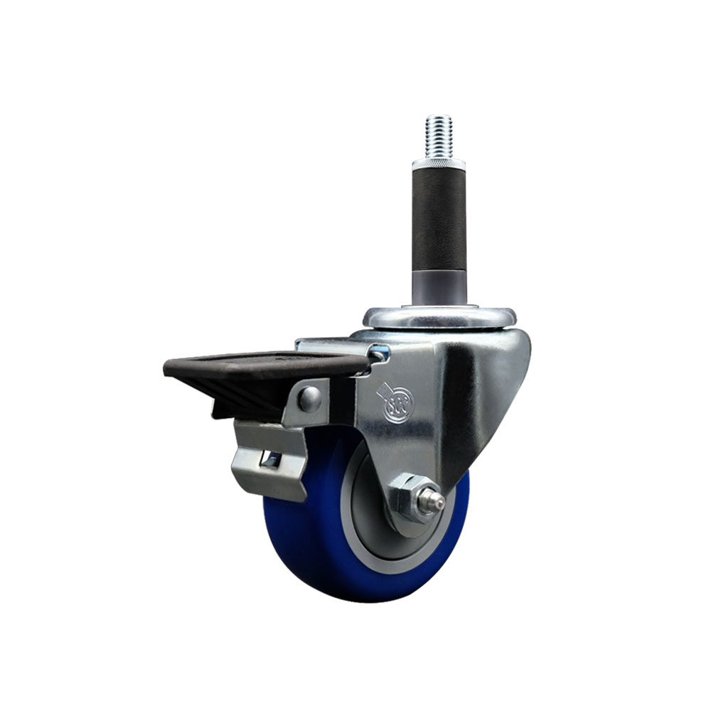 Polyurethane Expanding Stem Swivel Caster with 3 Inch Blue Wheel and 1" Stem & Posi Locking Brake - 300 lbs. Capacity Per Caster - Service Caster Brand — photo 1