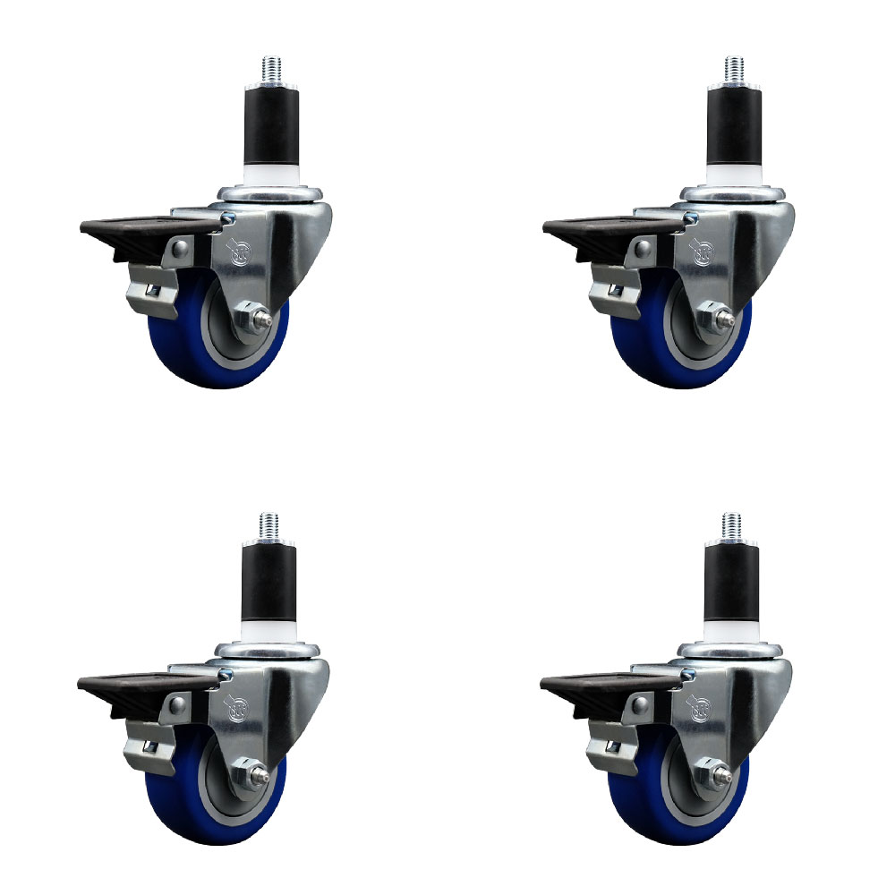 Polyurethane Swivel Expanding Stem Caster Set of 4 with 3 Inch Blue Wheels and 1-1/2" Stems - Includes 4 Swivel with Posi Locking Brakes - 300 lbs. Capacity Per Caster - Service Caster Brand — photo 1