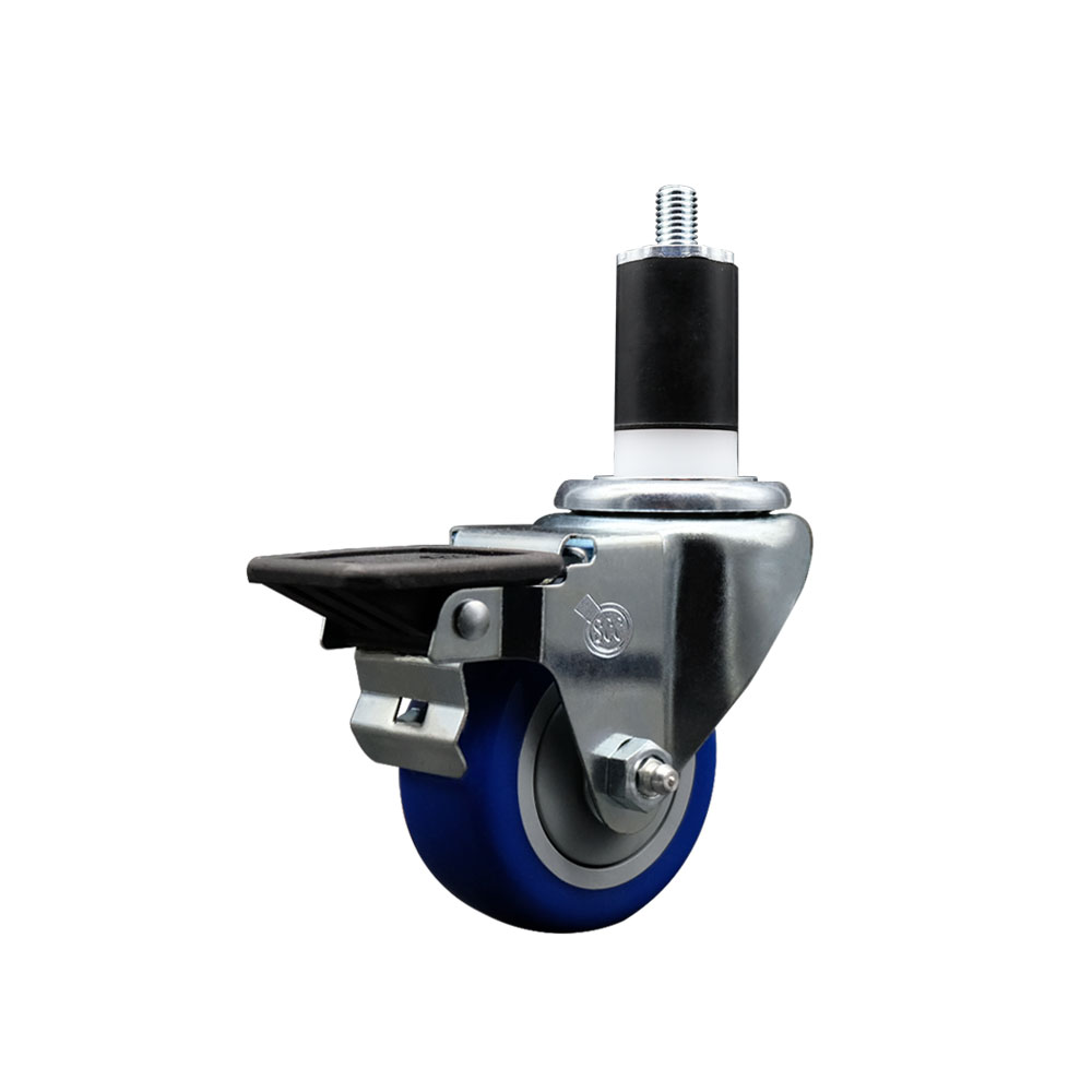 Polyurethane Swivel Expanding Stem Caster with 3 Inch Blue Wheel and 1-1/2" Stem & Posi Locking Brake - 300 lbs. Capacity Per Caster - Service Caster Brand — photo 1