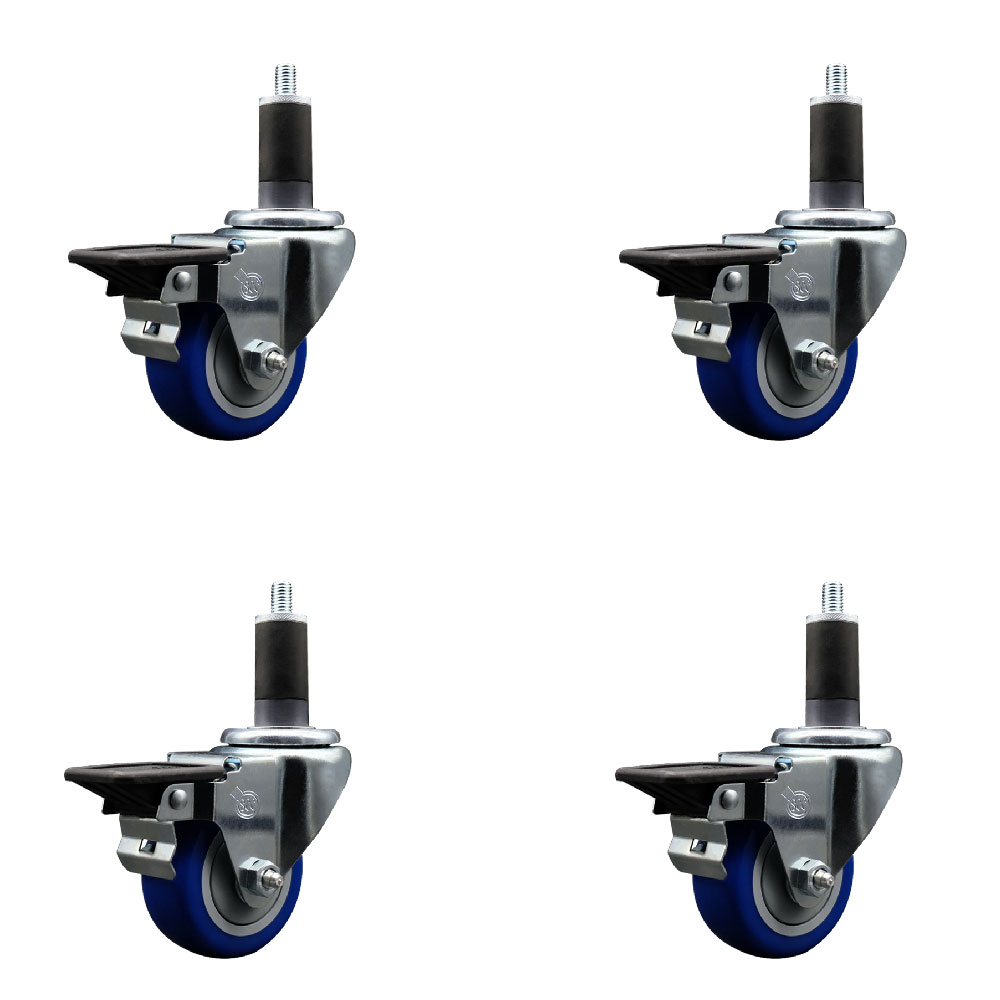 Polyurethane Swivel Expanding Stem Caster Set of 4 with 3 Inch Blue Wheels and 1-1/4" Stems - Includes 4 Swivel with Posi Locking Brakes - 300 lbs. Capacity Per Caster - Service Caster Brand — photo 1
