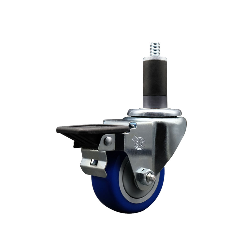 Polyurethane Expanding Stem Swivel Caster with 3 Inch Blue Wheel and 1-1/4" Stem & Posi Locking Brake - 300 lbs. Capacity Per Caster - Service Caster Brand — photo 1