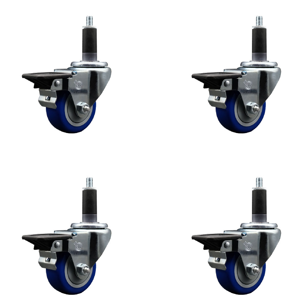 Polyurethane Swivel Expanding Stem Caster Set of 4 with 3 Inch Blue Wheels and 1-1/8" Stems - Includes 4 Swivel with Posi Locking Brakes - 300 lbs. Capacity Per Caster - Service Caster Brand — photo 1