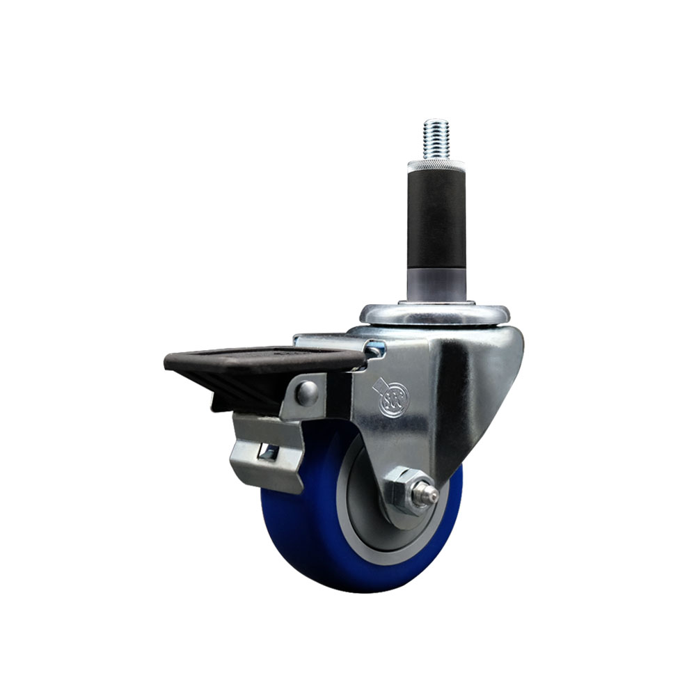 Polyurethane Expanding Stem Swivel Caster with 3 Inch Blue Wheel and 1-1/8" Stem & Posi Locking Brake - 300 lbs. Capacity Per Caster - Service Caster Brand — photo 1