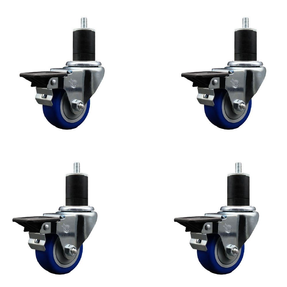 Polyurethane Swivel Expanding Stem Caster Set of 4 with 3 Inch Blue Wheels and 1-3/4" Stems - Includes 4 Swivel with Posi Locking Brakes - 300 lbs. Capacity Per Caster - Service Caster Brand — photo 1