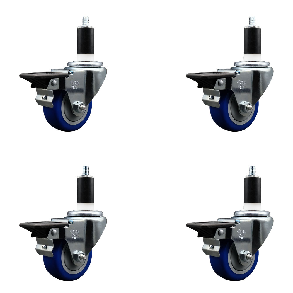 Polyurethane Swivel Expanding Stem Caster Set of 4 with 3 Inch Blue Wheels and 1-3/8" Stems - Includes 4 Swivel with Posi Locking Brakes - 300 lbs. Capacity Per Caster - Service Caster Brand — photo 1