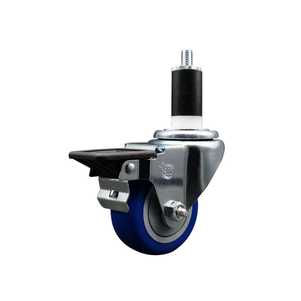 Polyurethane Expanding Stem Swivel Caster with 3 Inch Blue Wheel and 1-3/8" Stem & Posi Locking Brake - 300 lbs. Capacity Per Caster - Service Caster Brand — photo 1