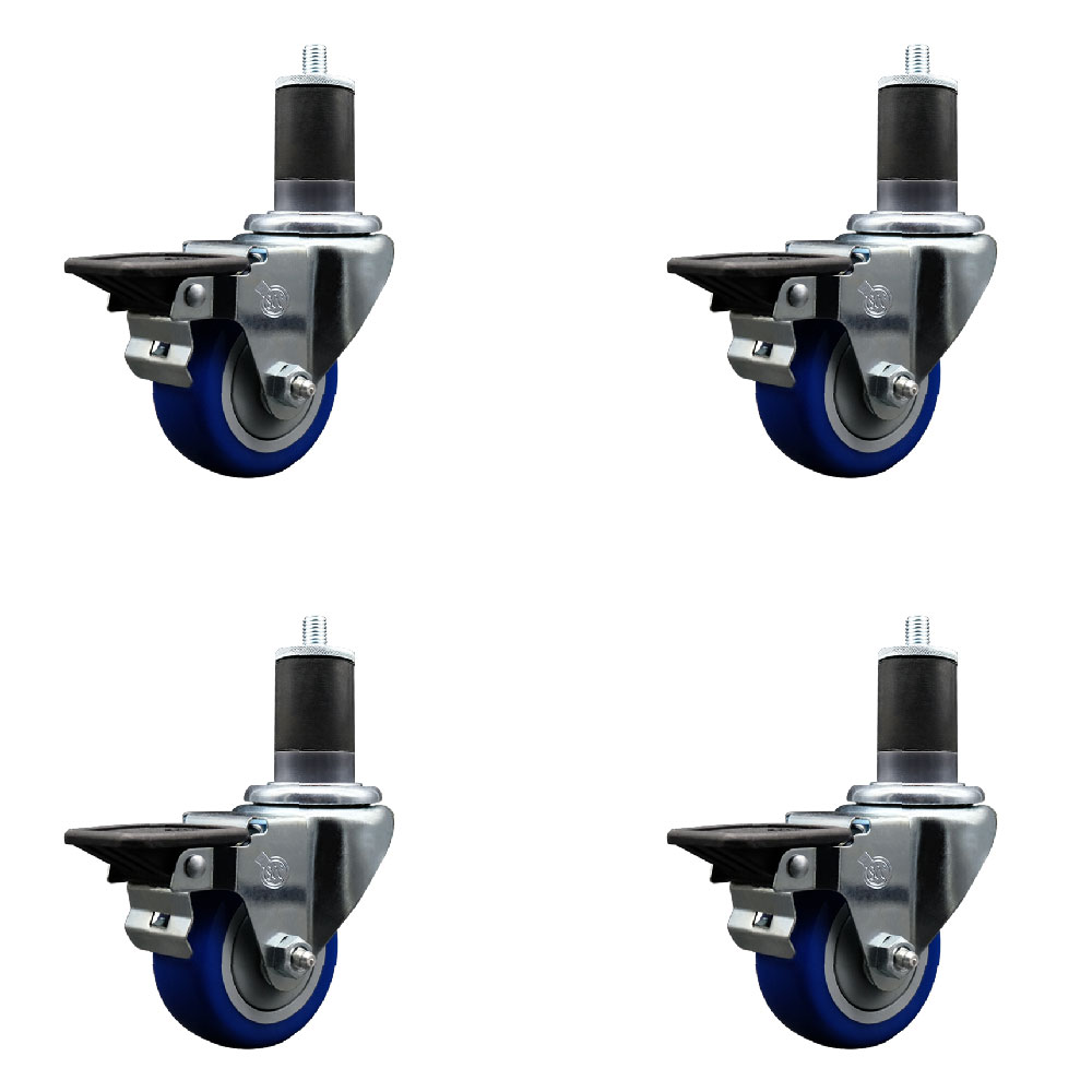 Polyurethane Swivel Expanding Stem Caster Set of 4 with 3 Inch Blue Wheels and 1-5/8" Stems - Includes 4 Swivel with Posi Locking Brakes - 300 lbs. Capacity Per Caster - Service Caster Brand — photo 1