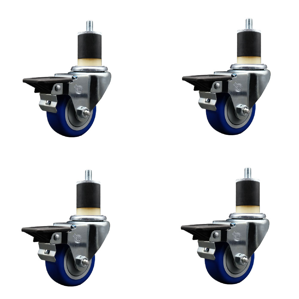 Polyurethane Swivel Expanding Stem Caster Set of 4 with 3 Inch Blue Wheels and 1-7/8" Stems - Includes 4 Swivel with Posi Locking Brakes - 300 lbs. Capacity Per Caster - Service Caster Brand — photo 1