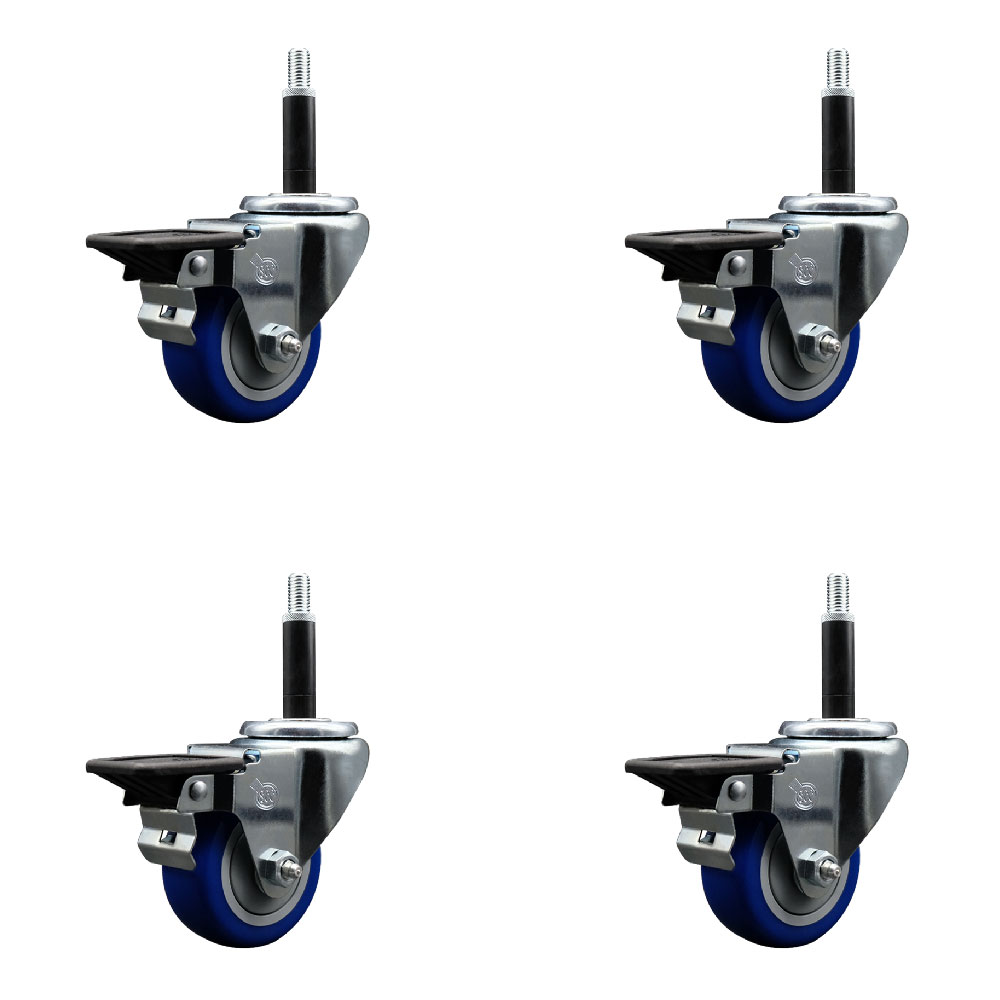 Polyurethane Swivel Expanding Stem Caster Set of 4 with 3 Inch Blue Wheels and 3/4" Stems - Includes 4 Swivel with Posi Locking Brakes - 300 lbs. Capacity Per Caster - Service Caster Brand — photo 1