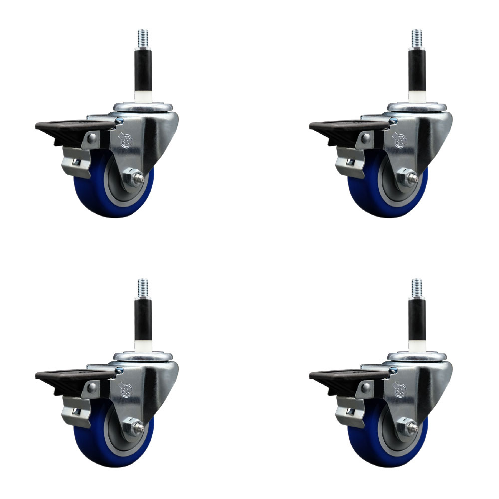 Polyurethane Swivel Expanding Stem Caster Set of 4 with 3 Inch Blue Wheels and 7/8" Stems - Includes 4 Swivel with Posi Locking Brakes - 300 lbs. Capacity Per Caster - Service Caster Brand — photo 1