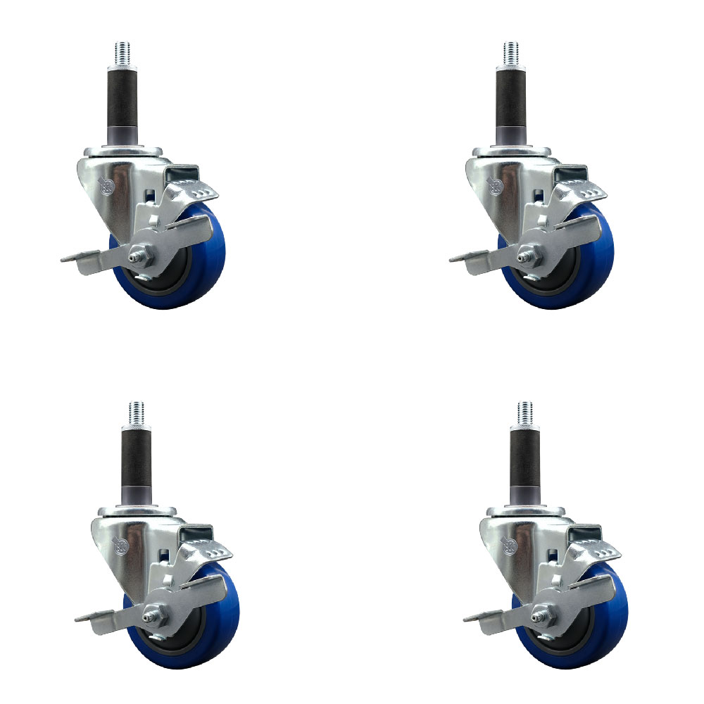 Polyurethane Swivel Expanding Stem Caster Set of 4 with 3 Inch Blue Wheels and 1" Stems - Includes 4 Swivel with Top Locking Brakes - 300 lbs. Capacity Per Caster - Service Caster Brand — photo 1