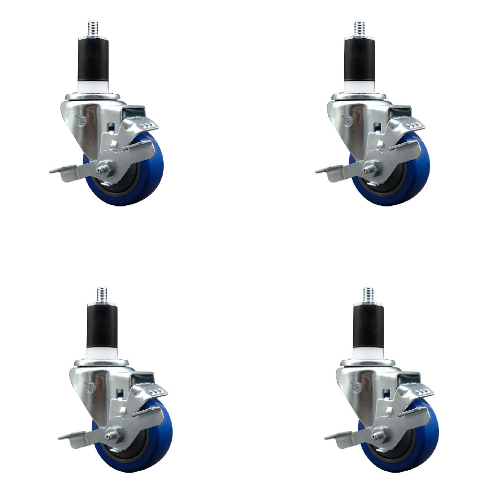 Polyurethane Swivel Expanding Stem Caster Set of 4 with 3 Inch Blue Wheels and 1-1/2" Stems - Includes 4 Swivel with Top Locking Brakes - 300 lbs. Capacity Per Caster - Service Caster Brand — photo 1