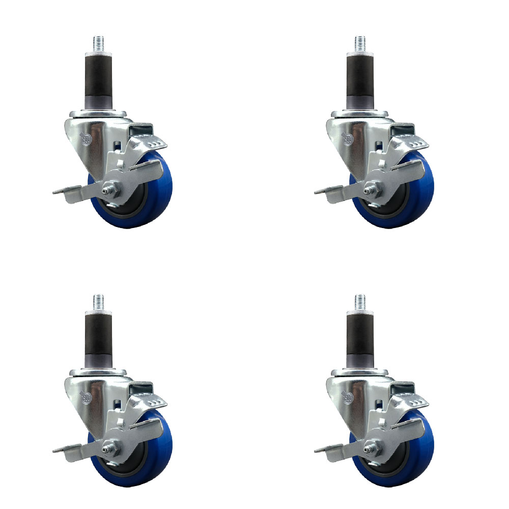 Stainless Steel Polyurethane Swivel Expanding Stem Caster Set of 4 with 3 Inch Blue Wheels and 1-1/4" Stems - 4 Swivel with Top Locking Brakes - 300 lbs. Capacity Per Caster - Service Caster Brand — photo 1
