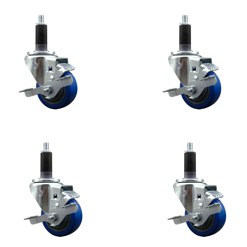 Stainless Steel Polyurethane Swivel Expanding Stem Caster Set of 4 with 3 Inch Blue Wheels and 1-1/8" Stems - 4 Swivel with Top Locking Brakes - 300 lbs. Capacity Per Caster - Service Caster Brand — photo 1