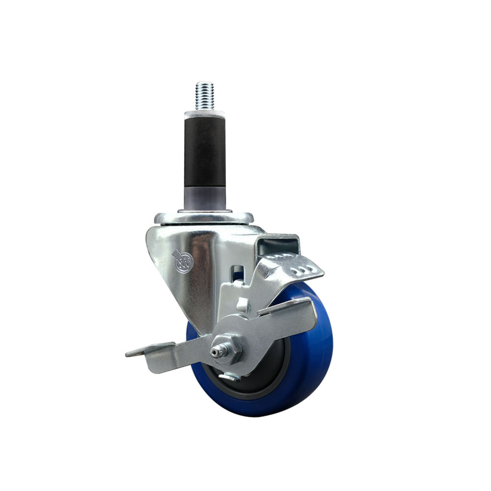 Stainless Steel Polyurethane Expanding Stem Swivel Caster with 3 Inch Blue Wheel and 1-1/8" Stem & Top Locking Brake - 300 lbs. Capacity Per Caster - Service Caster Brand — photo 1