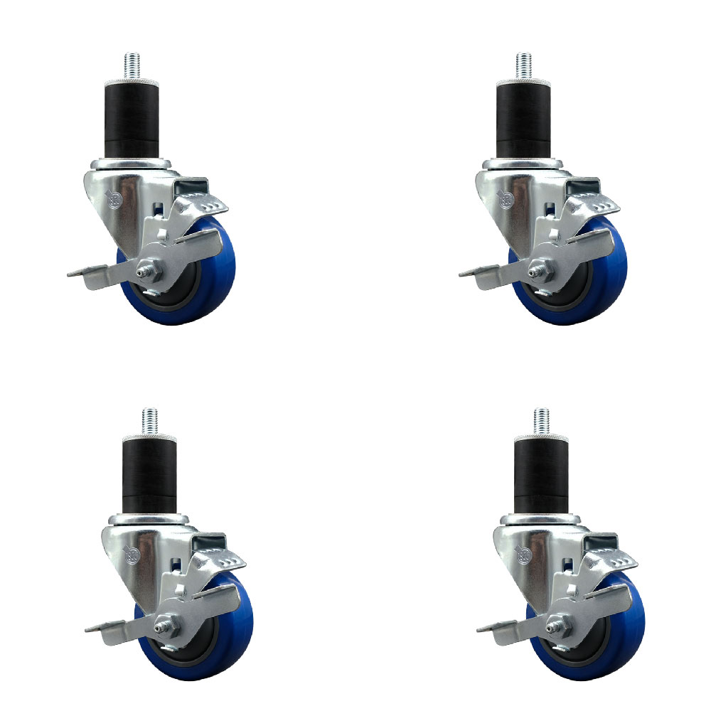 Stainless Steel Polyurethane Swivel Expanding Stem Caster Set of 4 with 3 Inch Blue Wheels and 1-3/4" Stems - 4 Swivel with Top Locking Brakes - 300 lbs. Capacity Per Caster - Service Caster Brand — photo 1