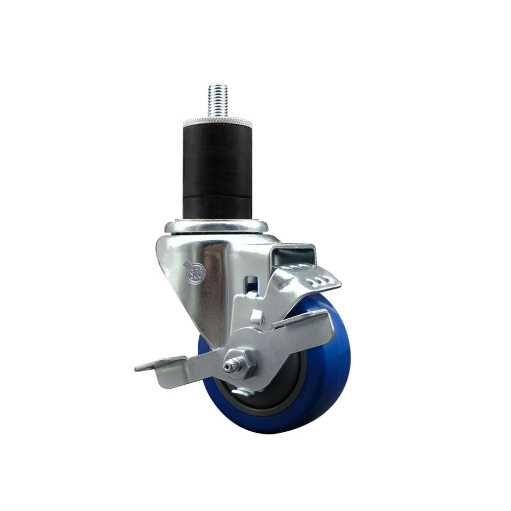 Stainless Steel Polyurethane Expanding Stem Swivel Caster with 3 Inch Blue Wheel and 1-3/4" Stem & Top Locking Brake - 300 lbs. Capacity Per Caster - Service Caster Brand — photo 1