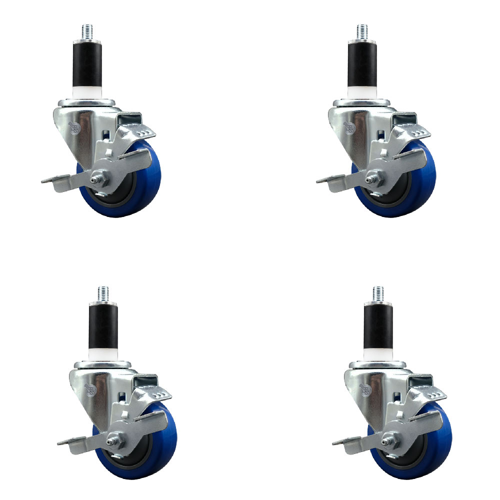 Polyurethane Swivel Expanding Stem Caster Set of 4 with 3 Inch Blue Wheels and 1-3/8" Stems - Includes 4 Swivel with Top Locking Brakes - 300 lbs. Capacity Per Caster - Service Caster Brand — photo 1
