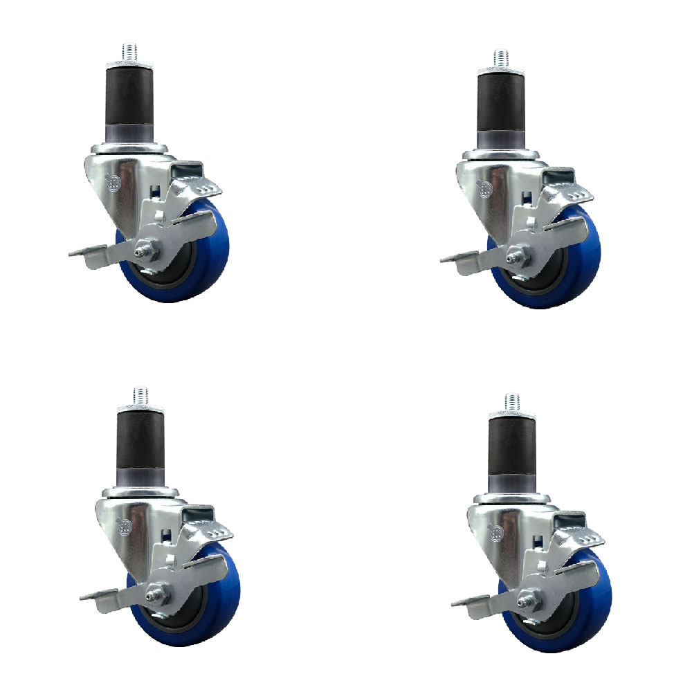 Stainless Steel Polyurethane Swivel Expanding Stem Caster Set of 4 with 3 Inch Blue Wheels and 1-5/8" Stems - 4 Swivel with Top Locking Brakes - 300 lbs. Capacity Per Caster - Service Caster Brand — photo 1