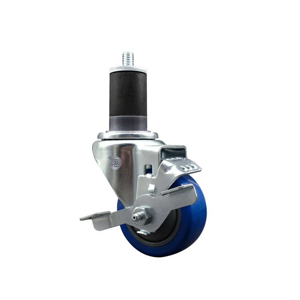 Polyurethane Expanding Stem Swivel Caster with 3 Inch Blue Wheel and 1-5/8" Stem & Top Locking Brake - 300 lbs. Capacity Per Caster - Service Caster Brand — photo 1