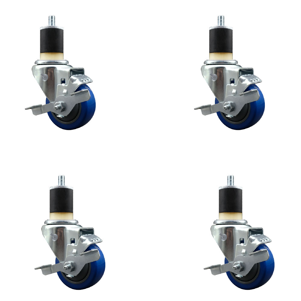 Polyurethane Swivel Expanding Stem Caster Set of 4 with 3 Inch Blue Wheels and 1-7/8" Stems - Includes 4 Swivel with Top Locking Brakes - 300 lbs. Capacity Per Caster - Service Caster Brand — photo 1
