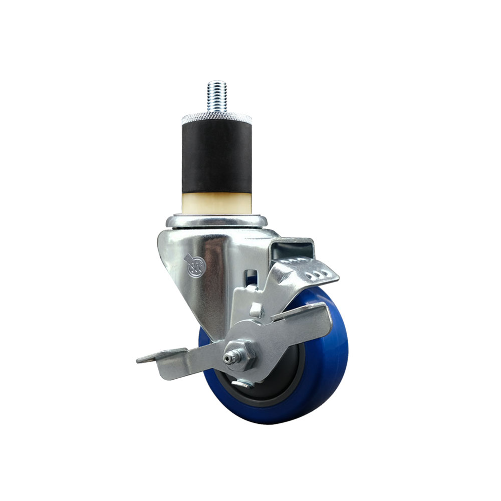 Polyurethane Expanding Stem Swivel Caster with 3 Inch Blue Wheel and 1-7/8" Stem & Top Locking Brake - 300 lbs. Capacity Per Caster - Service Caster Brand — photo 1