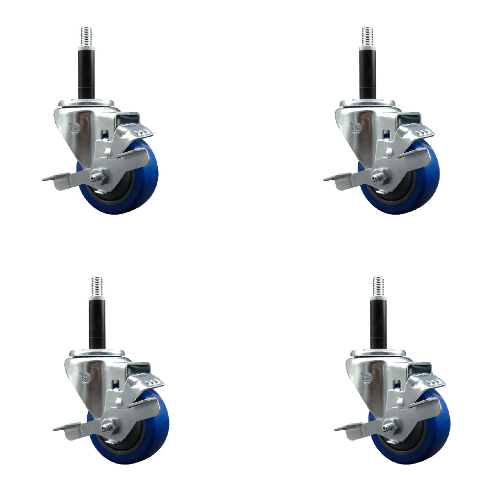 Stainless Steel Polyurethane Swivel Expanding Stem Caster Set of 4 with 3 Inch Blue Wheels and 3/4" Stems - 4 Swivel with Top Locking Brakes - 300 lbs. Capacity Per Caster - Service Caster Brand — photo 1