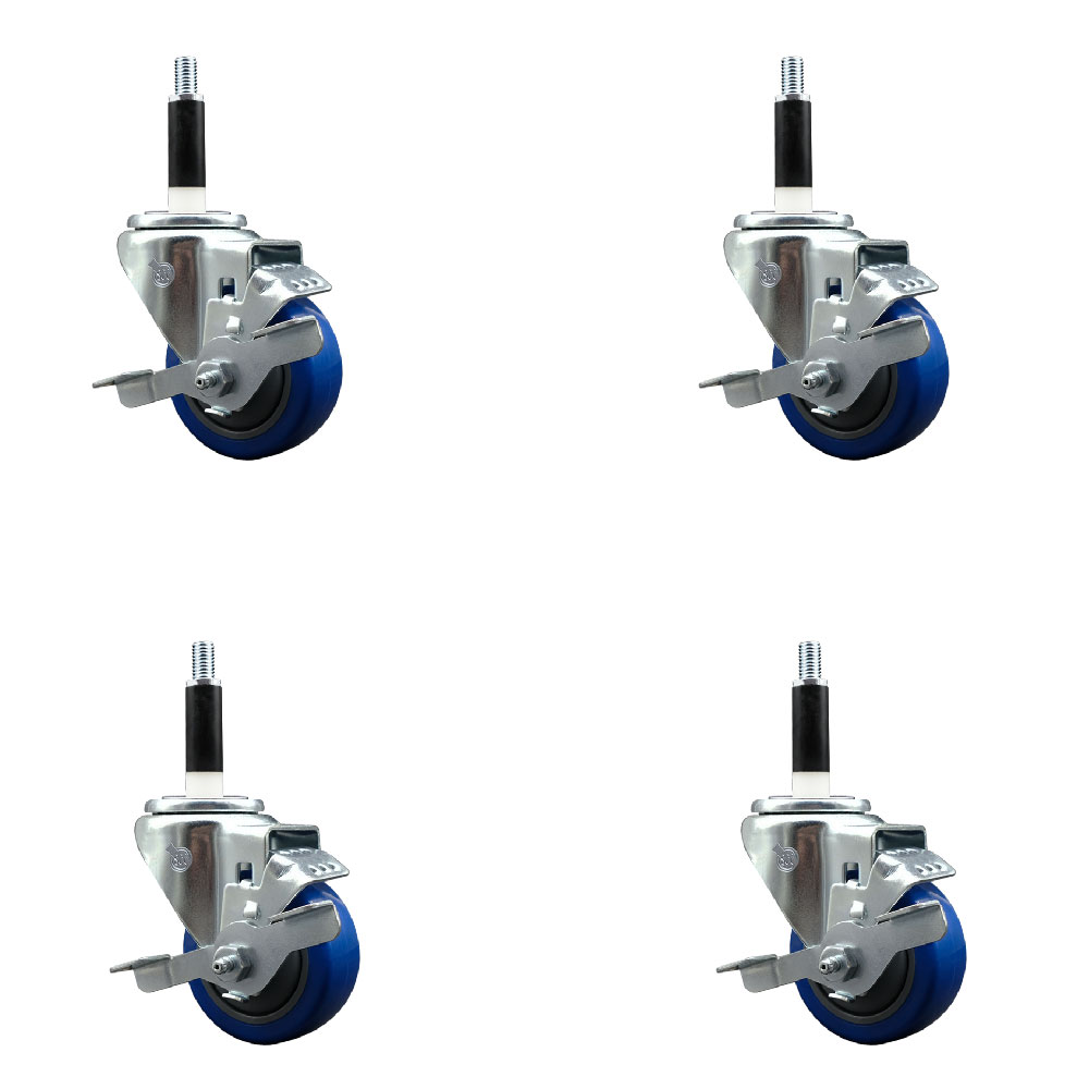 Polyurethane Swivel Expanding Stem Caster Set of 4 with 3 Inch Blue Wheels and 7/8" Stems - Includes 4 Swivel with Top Locking Brakes - 300 lbs. Capacity Per Caster - Service Caster Brand — photo 1