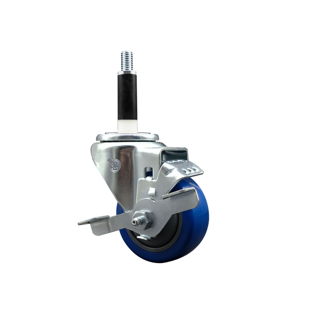 Stainless Steel Polyurethane Expanding Stem Swivel Caster with 3 Inch Blue Wheel and 7/8" Stem & Top Locking Brake - 300 lbs. Capacity Per Caster - Service Caster Brand — photo 1