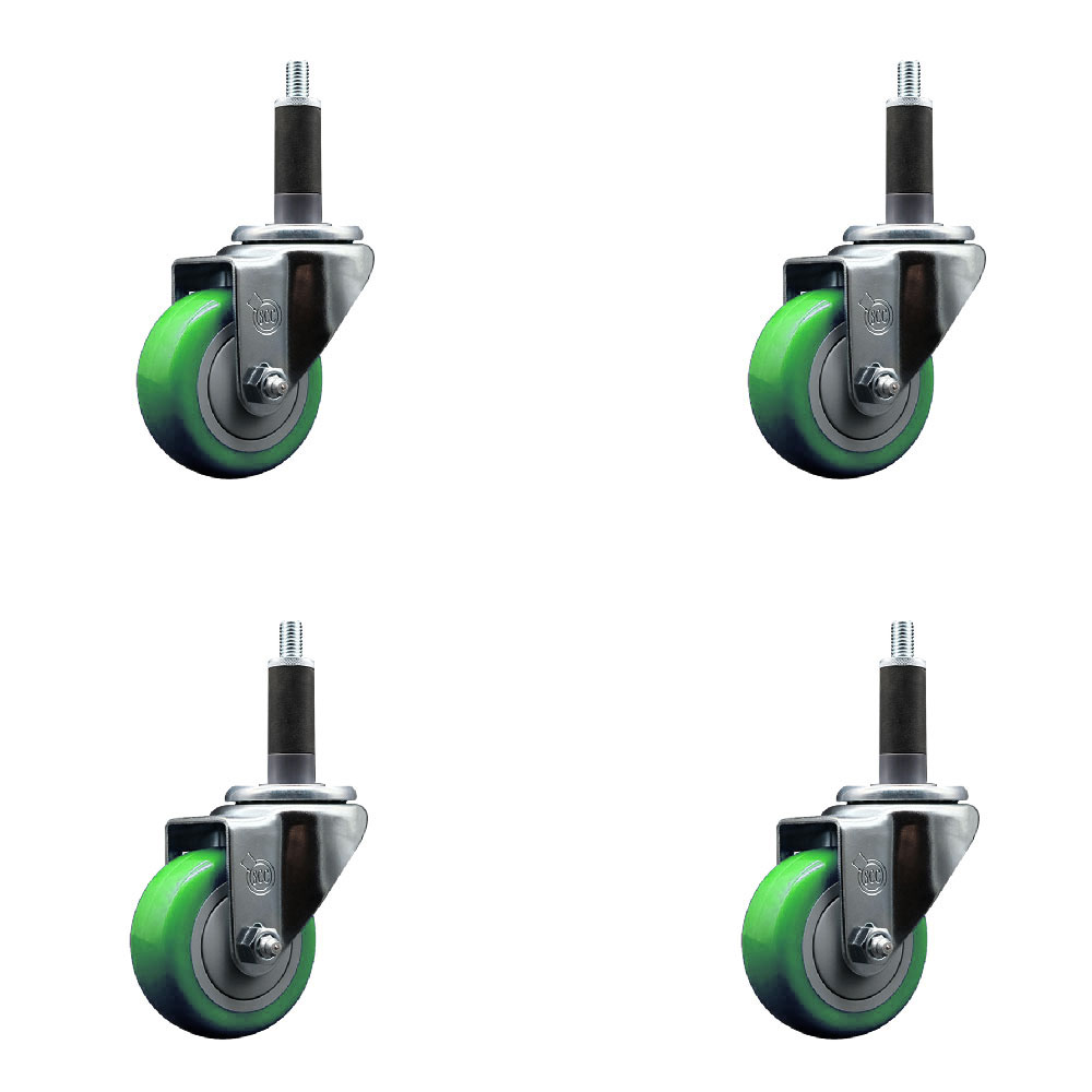 Polyurethane Swivel Expanding Stem Caster Set of 4 with 3 Inch Green Wheels and 1" Stems - 300 lbs. Capacity Per Caster - Service Caster Brand — photo 1