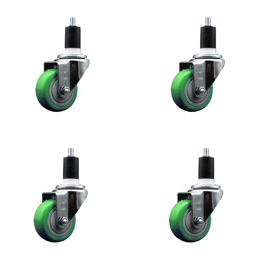 Polyurethane Swivel Expanding Stem Caster Set of 4 with 3 Inch Green Wheels and 1-1/2" Stems - 300 lbs. Capacity Per Caster - Service Caster Brand — photo 1