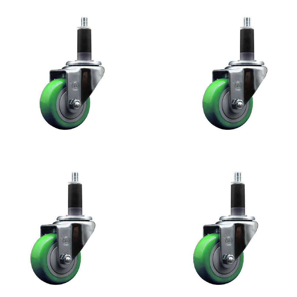 Stainless Steel Polyurethane Swivel Expanding Stem Caster Set of 4 with 3 Inch Green Wheels and 1-1/8" Stems - Includes 4 Swivel - 300 lbs. Capacity Per Caster - Service Caster Brand — photo 1