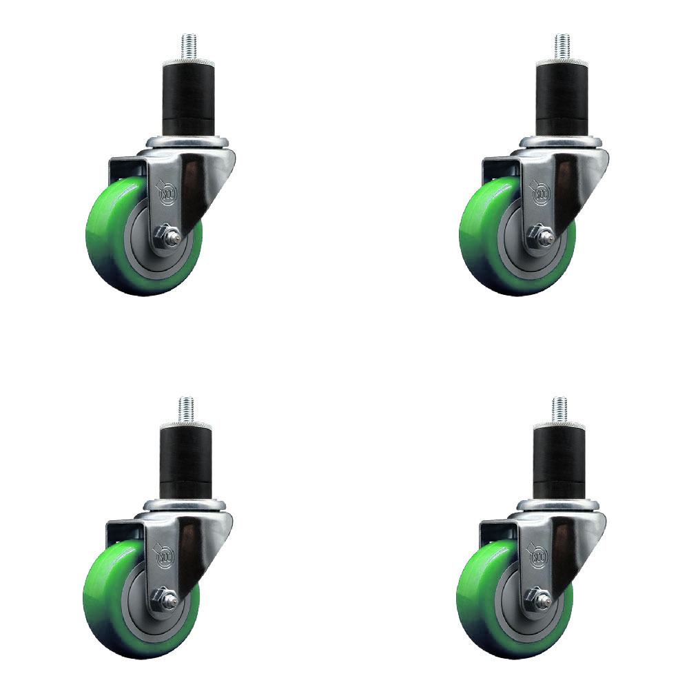 Stainless Steel Polyurethane Swivel Expanding Stem Caster Set of 4 with 3 Inch Green Wheels and 1-3/4" Stems - Includes 4 Swivel - 300 lbs. Capacity Per Caster - Service Caster Brand — photo 1