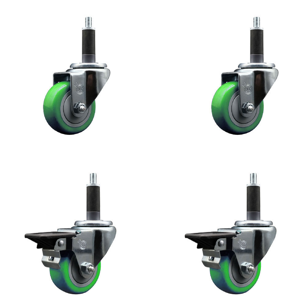 Polyurethane Swivel Expanding Stem Caster Set of 4 with 3 Inch Green Wheels and 1" Stems - Includes 2 with Posi Locking Brakes - 1200 lbs Total Capacity - Service Caster Brand — photo 1