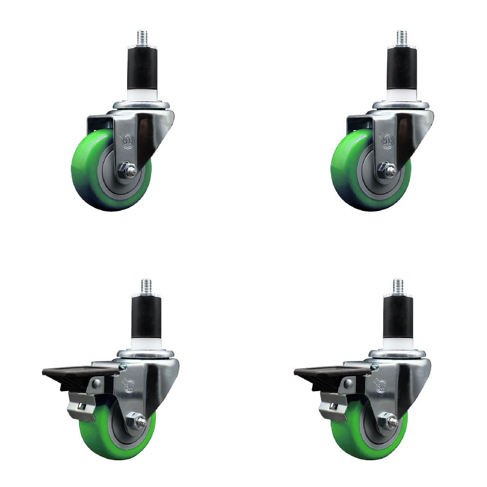 Polyurethane Swivel Expanding Stem Caster Set of 4 with 3 Inch Green Wheels and 1-1/2" Stems - Includes 2 with Posi Locking Brakes - 1200 lbs Total Capacity - Service Caster Brand — photo 1