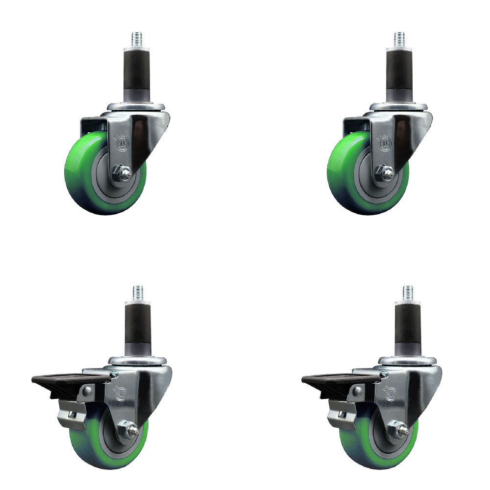 Polyurethane Swivel Expanding Stem Caster Set of 4 with 3 Inch Green Wheels and 1-1/4" Stems - Includes 2 with Posi Locking Brakes - 1200 lbs Total Capacity - Service Caster Brand — photo 1
