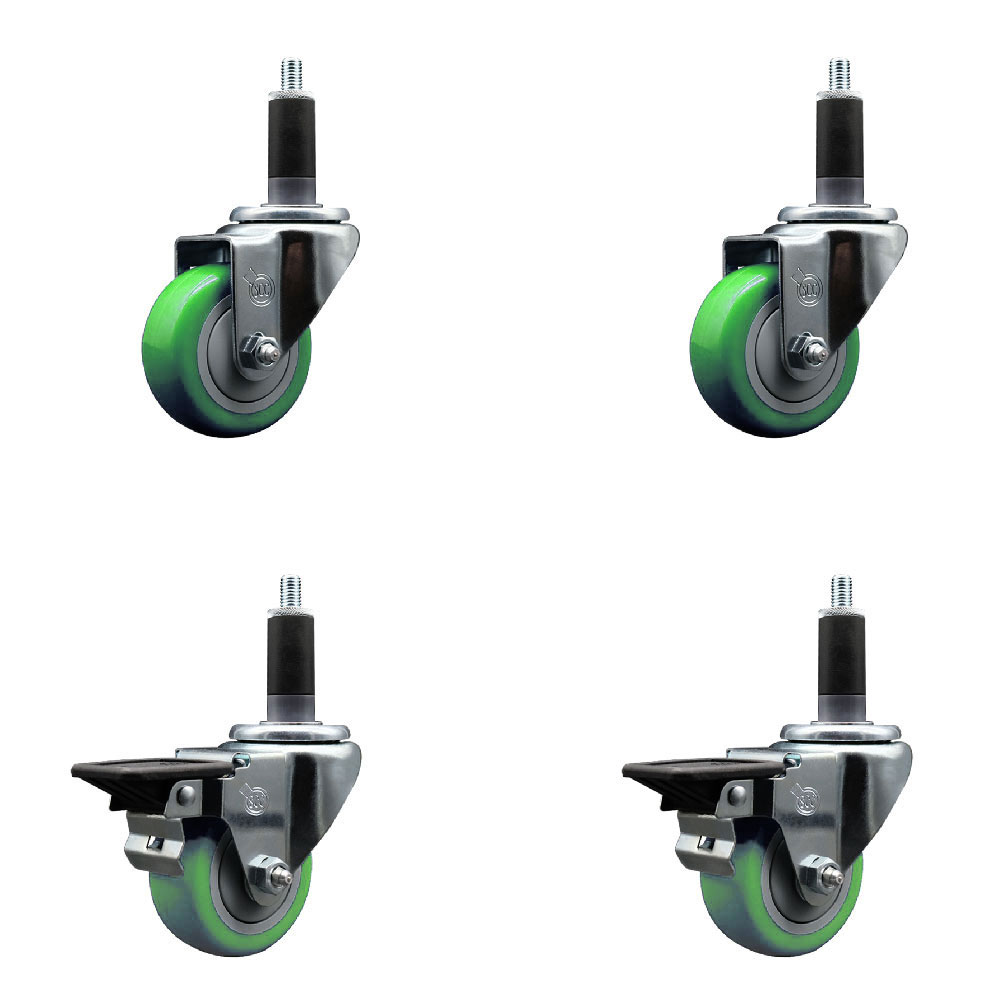 Polyurethane Swivel Expanding Stem Caster Set of 4 with 3 Inch Green Wheels and 1-1/8" Stems - Includes 2 with Posi Locking Brakes - 1200 lbs Total Capacity - Service Caster Brand — photo 1