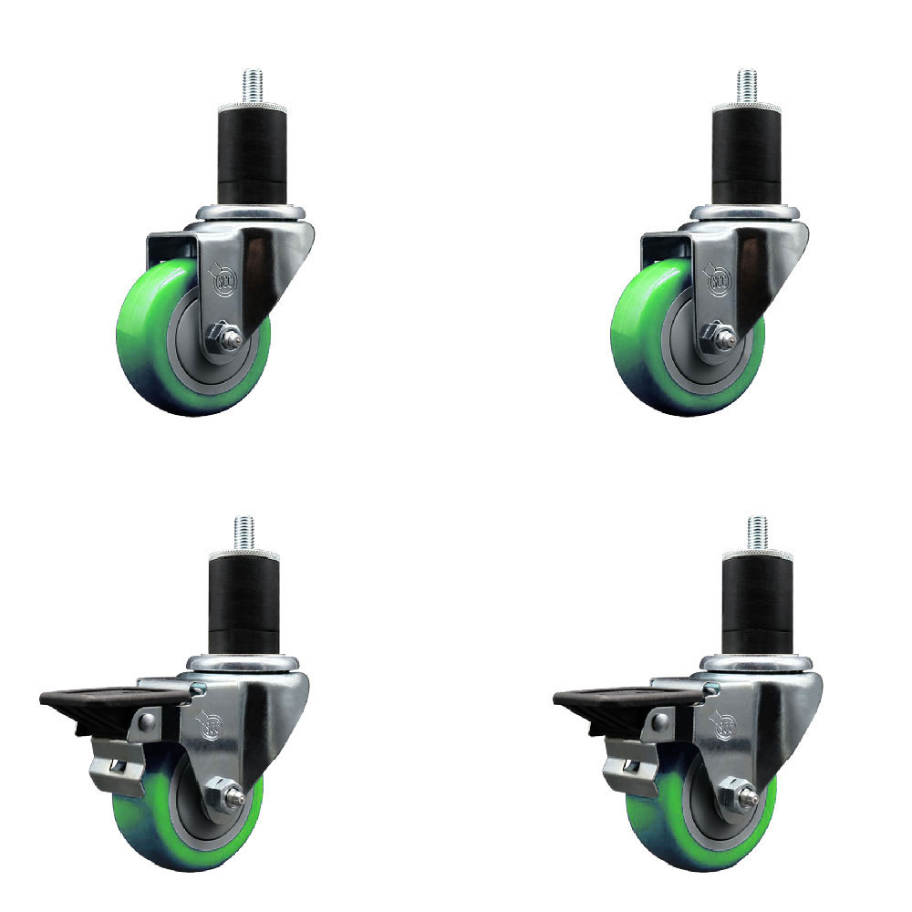 Polyurethane Swivel Expanding Stem Caster Set of 4 with 3 Inch Green Wheels and 1-3/4" Stems - Includes 2 with Posi Locking Brakes - 1200 lbs Total Capacity - Service Caster Brand — photo 1