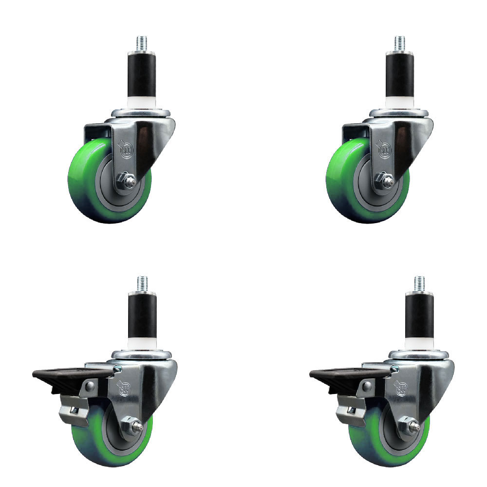 Polyurethane Swivel Expanding Stem Caster Set of 4 with 3 Inch Green Wheels and 1-3/8" Stems - Includes 2 with Posi Locking Brakes - 1200 lbs Total Capacity - Service Caster Brand — photo 1