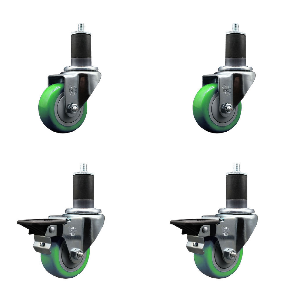 Polyurethane Swivel Expanding Stem Caster Set of 4 with 3 Inch Green Wheels and 1-5/8" Stems - Includes 2 with Posi Locking Brakes - 1200 lbs Total Capacity - Service Caster Brand — photo 1
